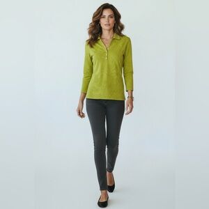 Caribbean Joe Lime Green Floral Jacquard Polo Top Mother of Pearl Buttons